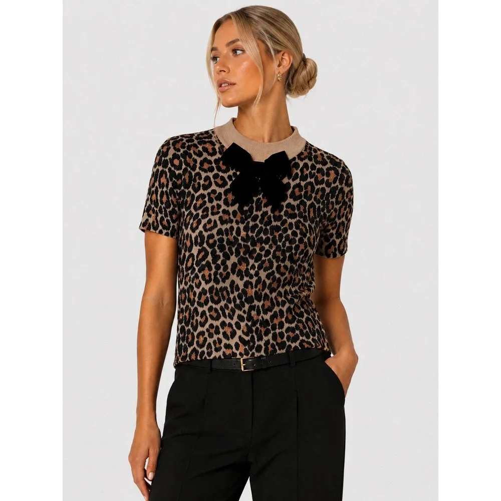Kate Spade New York Leopard Print 100% Wool Short Sleeve Bow Sweater S